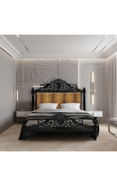 Baroque bed with white floral pattern fabric and glossy black wood