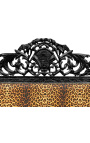 Baroque bed with white floral pattern fabric and glossy black wood