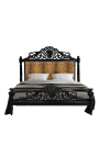 Baroque bed with white floral pattern fabric and glossy black wood