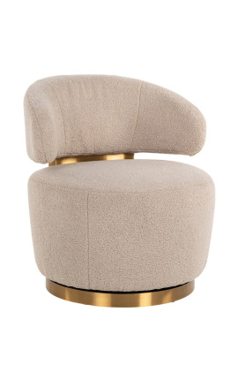 Swivel armchair "Adriana" beige curly velvet and golden stainless steel
