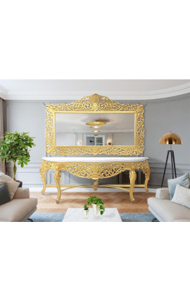 Consola enorme com espelho estilo barroco em madeira dourada e mármore branco