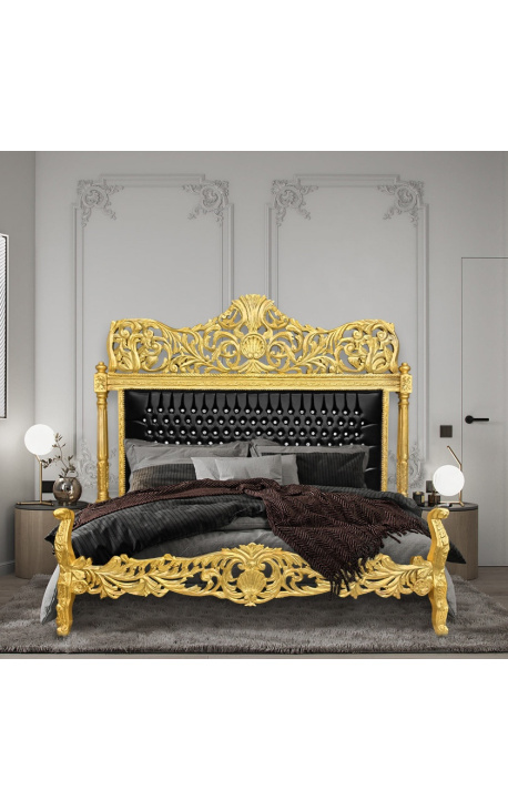 Baroque bed leatherette black with rhinestones and gold wood