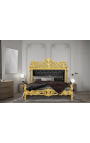 Baroque bed leatherette black with rhinestones and gold wood