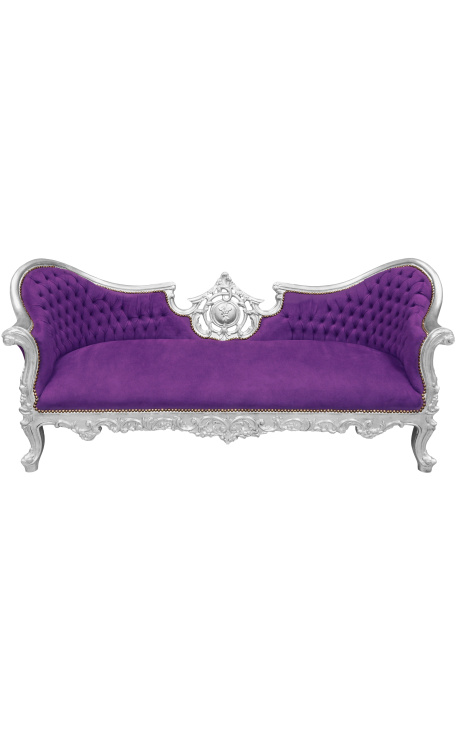 Barockes Napoleon-III-Medaillonsofa, lila Samtstoff und Holzsilber