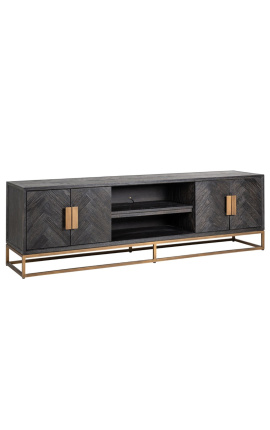 Meuble TV BOHO 200 cm 4 portes - chêne noir et acier inoxydable laiton