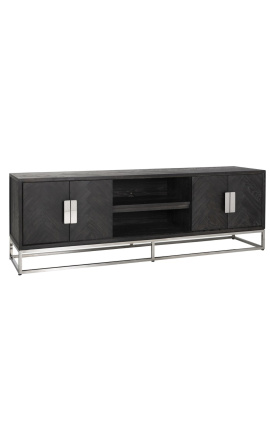 TV kabinet BOHO 185 cm 4 døre - sort eg og sølv rustfrit stål