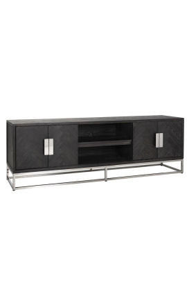 TV-Schrank BOHO 185 cm 4 Türen - schwarze Eiche und silberner Edelstahl