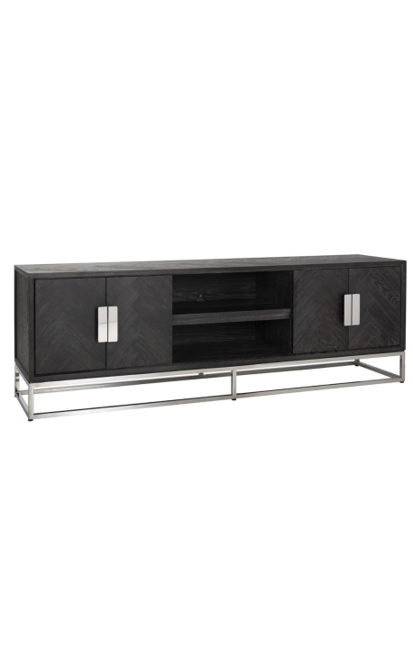 Cabinet TV BOHO 185 cm 4 uşi - oac negru și argint din oțel inoxidabil