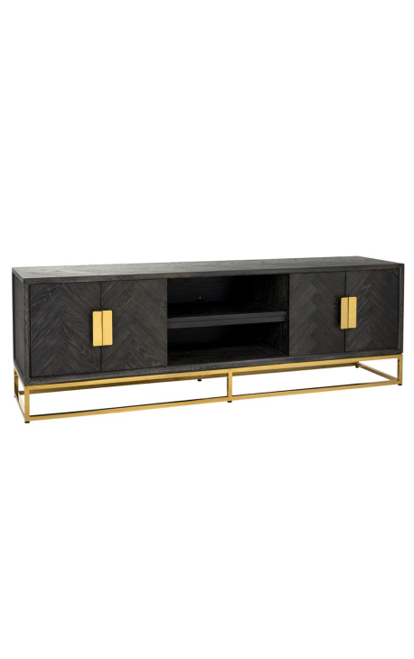 TV-kabinet BOHO 200 cm 4 dører - svart oak og brass rustfritt stål