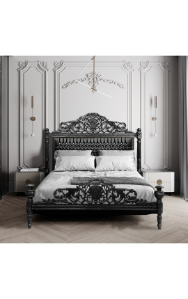 Baročna postelja iz črnega usnja z kamenčki in črno lakiranim lesom