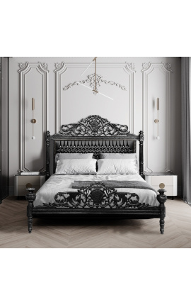 Lit Baroque tissu simili cuir noir avec strass et bois laqué noir