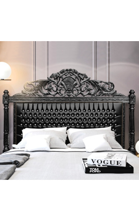 Baročno posteljno vzglavje blago iz umetnega usnja črno in kamenčki črno lakiran les.