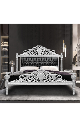 Barok bed zwart kunstleer met strass steentjes en zilver hout
