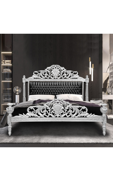 Łóżko barokowe ekoskóra czarne z kryształkami i srebrnym drewnem