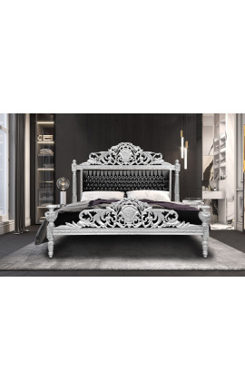 Baročna postelja iz umetnega usnja v črni barvi z kamenčki in srebrnim lesom