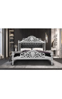 Baroque bed leatherette black with rhinestones and silver wood