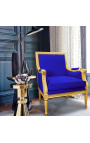 Silla grande Bergère Louis XVI estilo terciopelo azul y madera dorada