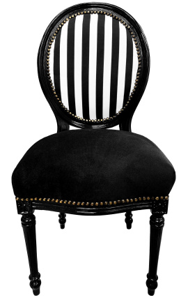 Chaise de style Louis XVI rayée noir et blanc et bois noir