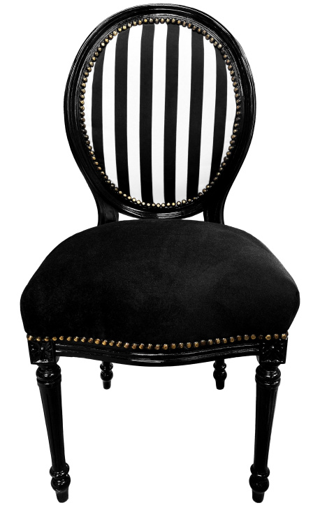 Chair Louis XVI style black and white stripes with black sit, black wood