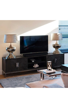 TV skab BOHO 220 cm 4 låger - sort eg og sølv rustfrit stål