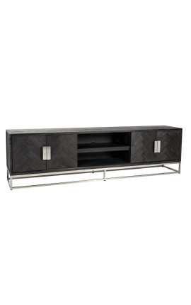 TV kabinet BOHO 220 cm 4 ajtó - fekete tölgy és ezüst rozsdamentes acél