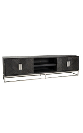 TV-Schrank BOHO 220 cm 4 Türen - schwarze Eiche und silberner Edelstahl