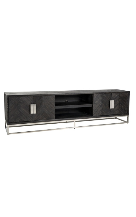 Meuble TV BOHO 220 cm 4 portes - chêne noir et acier inoxydable argenté