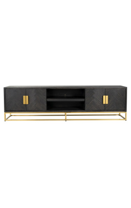 Armário de TV BOHO 220 cm 4 portas - carvalho preto e aço inoxidável dourado