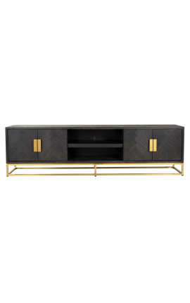 TV-kabinet BOHO 220 cm 4 dører - svart oak og gull rustfritt stål