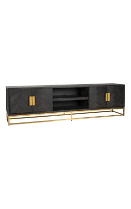 TV-Schrank BOHO 220 cm 4 Türen - schwarze Eiche und goldener Edelstahl