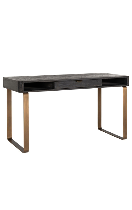 Písací stôl s 1 zásuvkou - čierny dub a mosadzná nehrdzavejúca oceľ