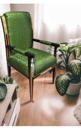 Grand Empire fauteuil groene satijnstof en zwart gelakt hout met brons