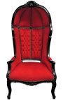 Grand fauteuil carrosse de style baroque tissu velours rouge et bois noir