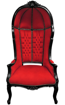 Grand fauteuil carrosse de style baroque tissu velours rouge et bois noir