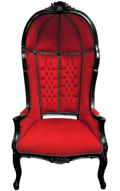 Grand fauteuil carrosse de style baroque tissu velours rouge et bois noir