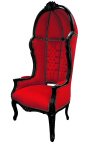 Grand fauteuil carrosse de style baroque tissu velours rouge et bois noir