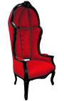 Grand fauteuil carrosse de style baroque tissu velours rouge et bois noir