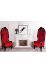 Grand fauteuil carrosse de style baroque tissu velours rouge et bois noir