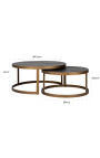 2er-Set BOHO Couchtische aus schwarzer Eiche und Messing-Edelstahl