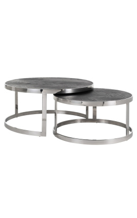 Set od 2 BOHO stolića od crnog hrasta i srebrnog stolića za kavu od nehrđajućeg čelika