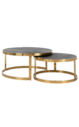 Conjunto de 2 mesas de centro BOHO carvalho preto e aço inoxidável dourado