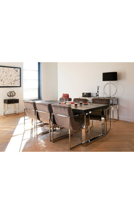 Ruokapöytä 195-265 cm &quot;JUMALA&quot; hopean ruostumattomasta teräksestä ja mustasta oakista