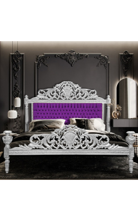 Łóżko w stylu barokowym fioletowa aksamitna tkanina i srebrne drewno