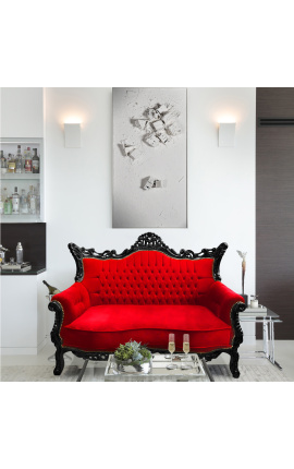 Sofá barroco rococó de 2 lugares veludo vermelho e madeira preta