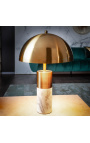Lampada da tavolo "Burlys" in marmo bianco e metallo color oro, ispirazione Art-Deco