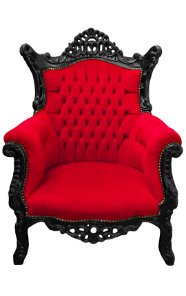Veliki rokoko baročni fotelj rdeč žamet in sijoča črna