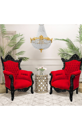 Grand Rococo Barok lænestol rødt fløjl og blank sort