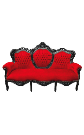 Barockes Sofa aus rotem Samt und schwarz lackiertem Holz