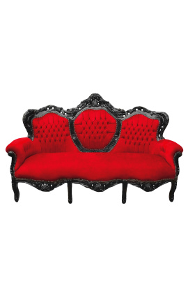 Canapé baroque tissu velours rouge et bois laqué noir