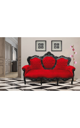 Canapé baroque tissu velours rouge et bois laqué noir